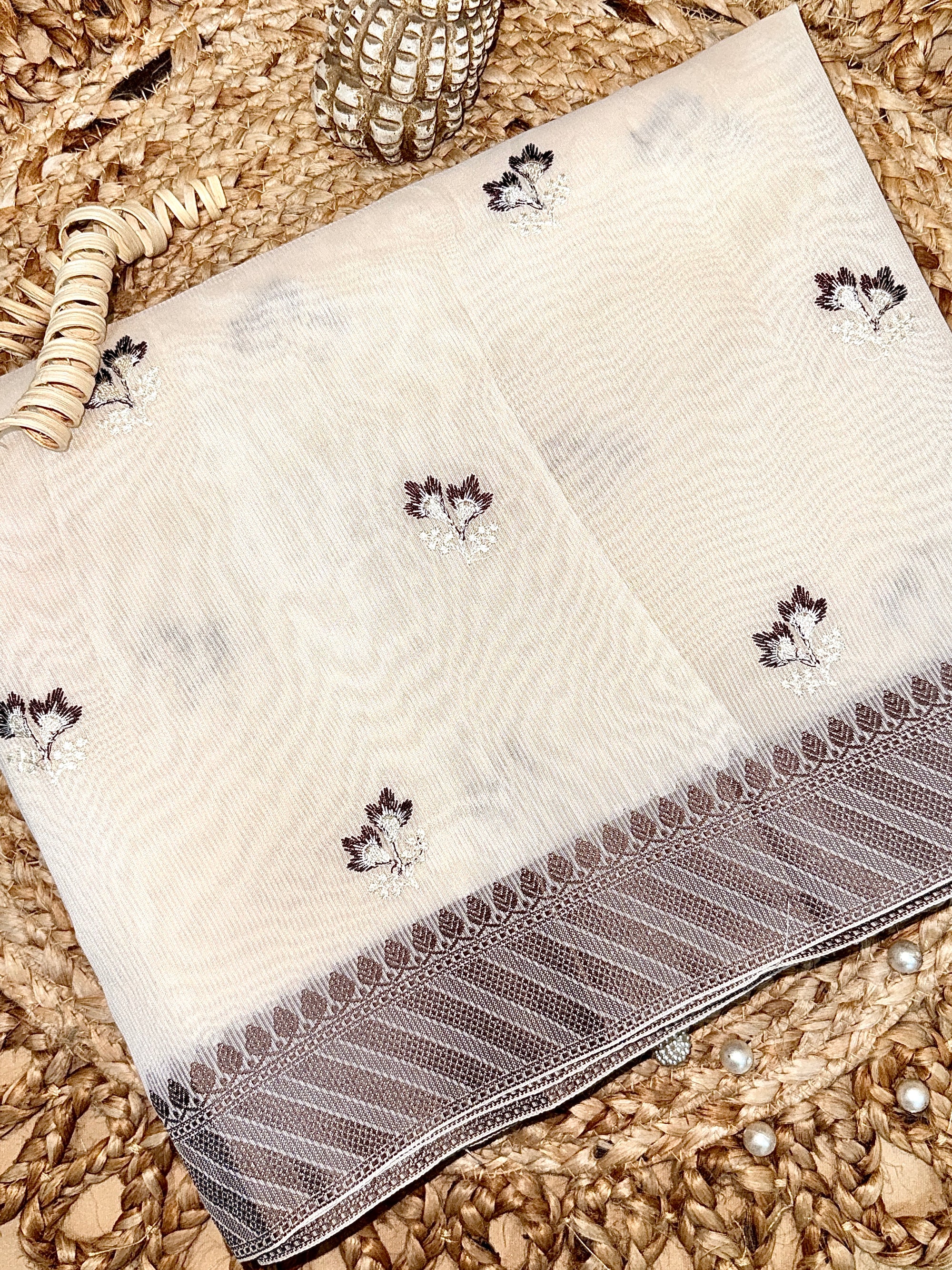 Ivory Supernet Cotton Saree with Floral Buti & Woven Border