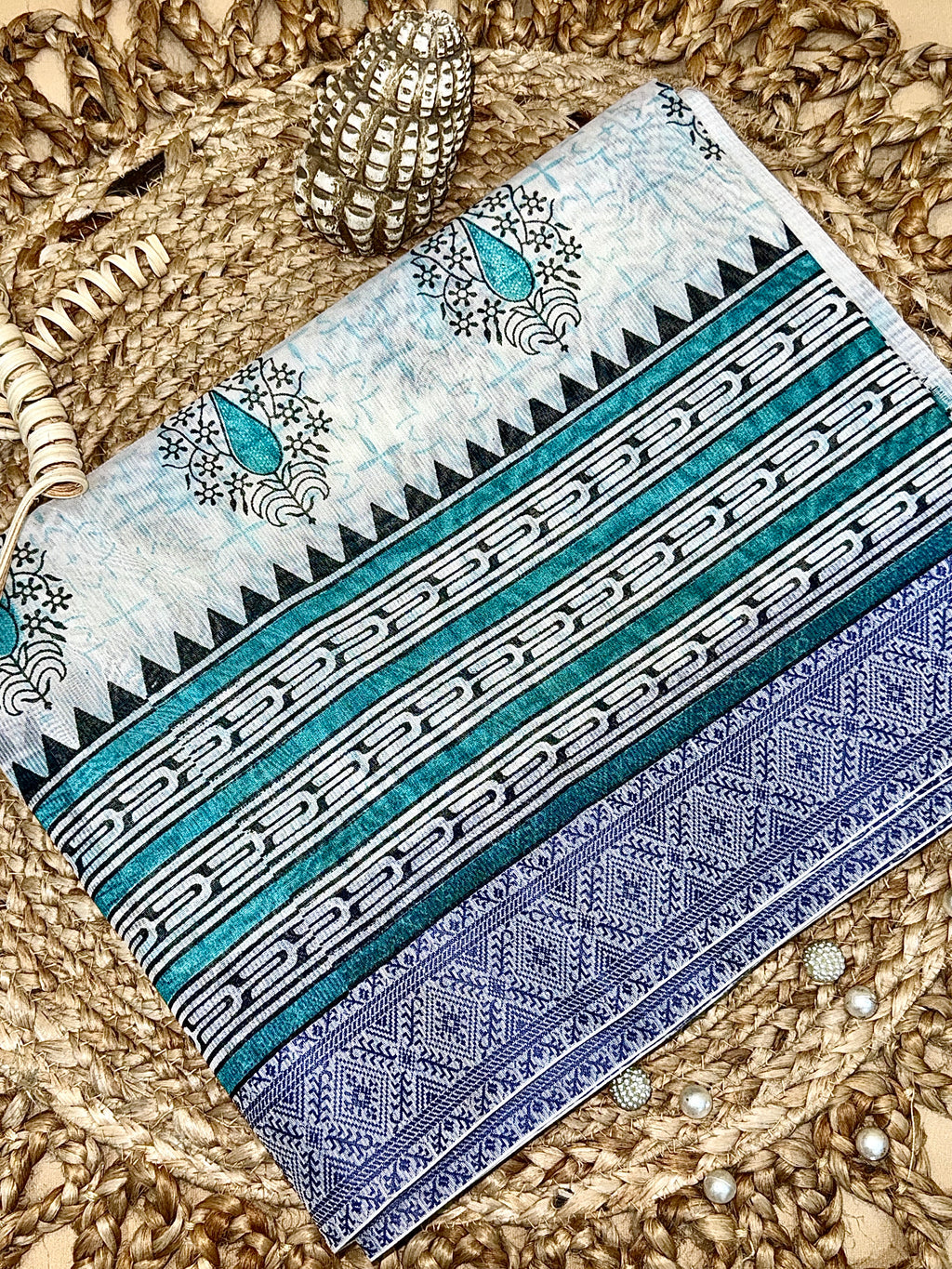 Off White Supernet Cotton Saree with Teal Leaf Embroidery & Contrast Border
