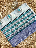 Off White Supernet Cotton Saree with Teal Leaf Embroidery & Contrast Border