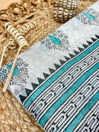 Off White Supernet Cotton Saree with Teal Leaf Embroidery & Contrast Border