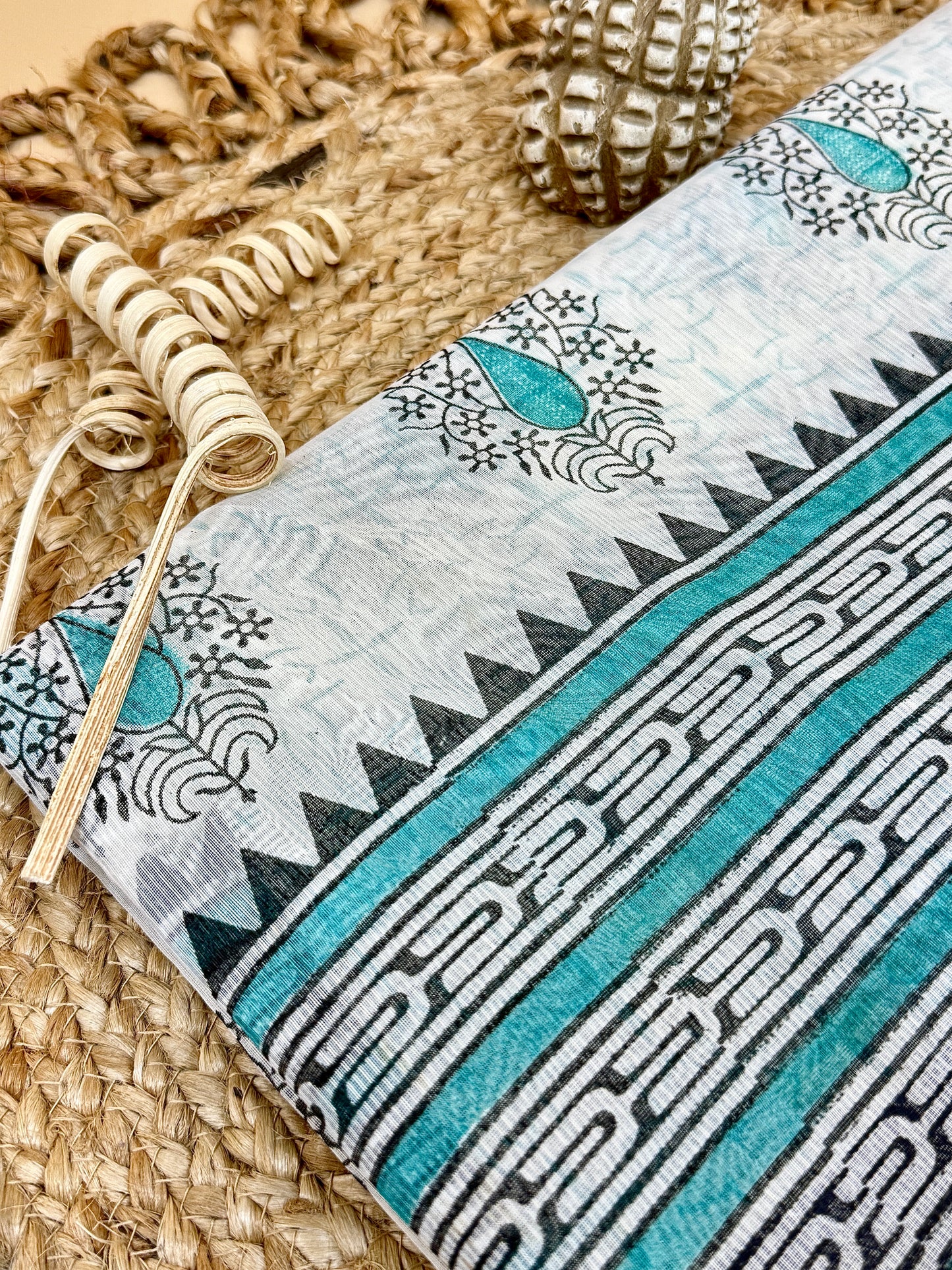 Off White Supernet Cotton Saree with Teal Leaf Embroidery & Contrast Border