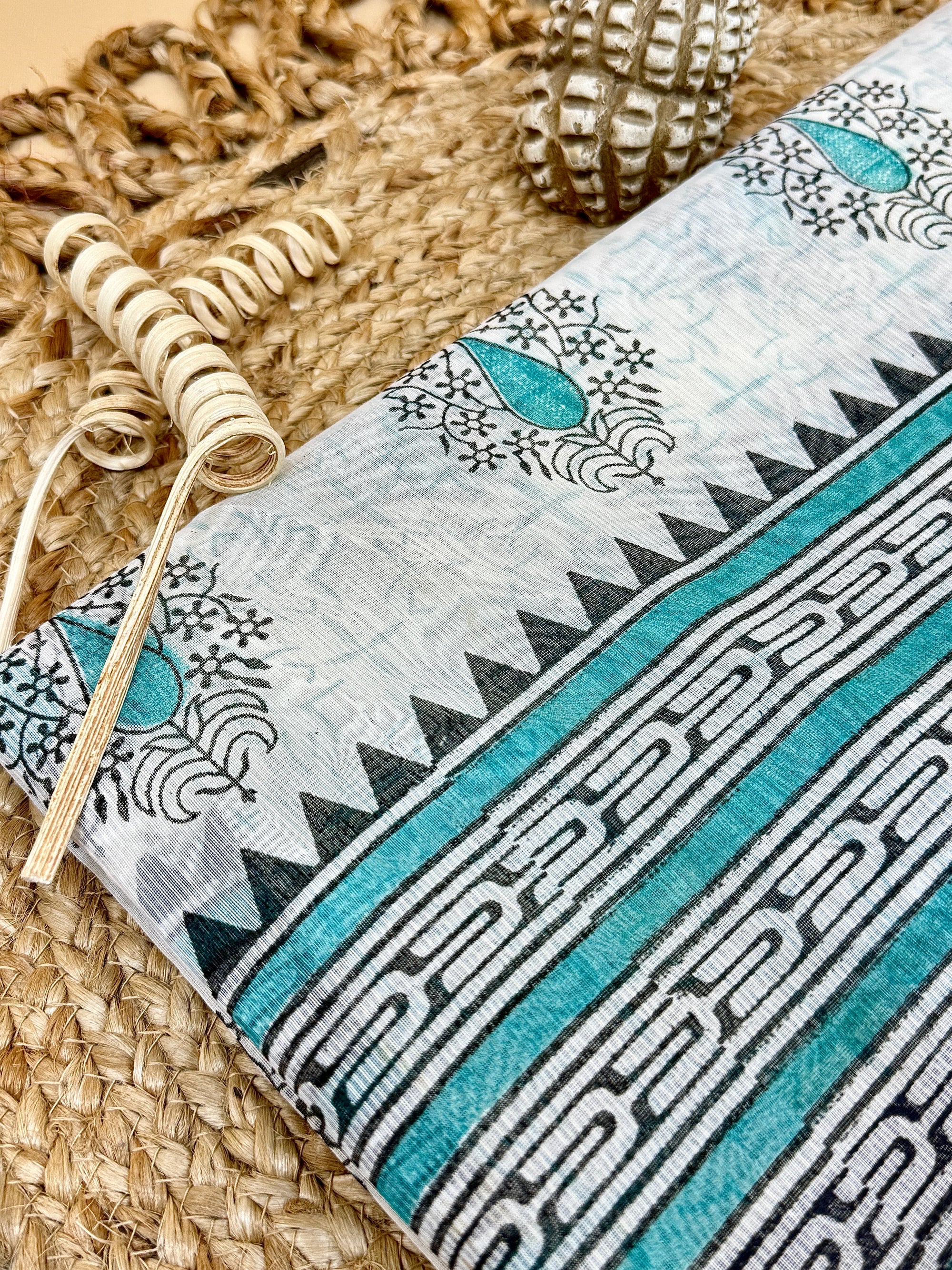 Off White Supernet Cotton Saree with Teal Leaf Embroidery & Contrast Border