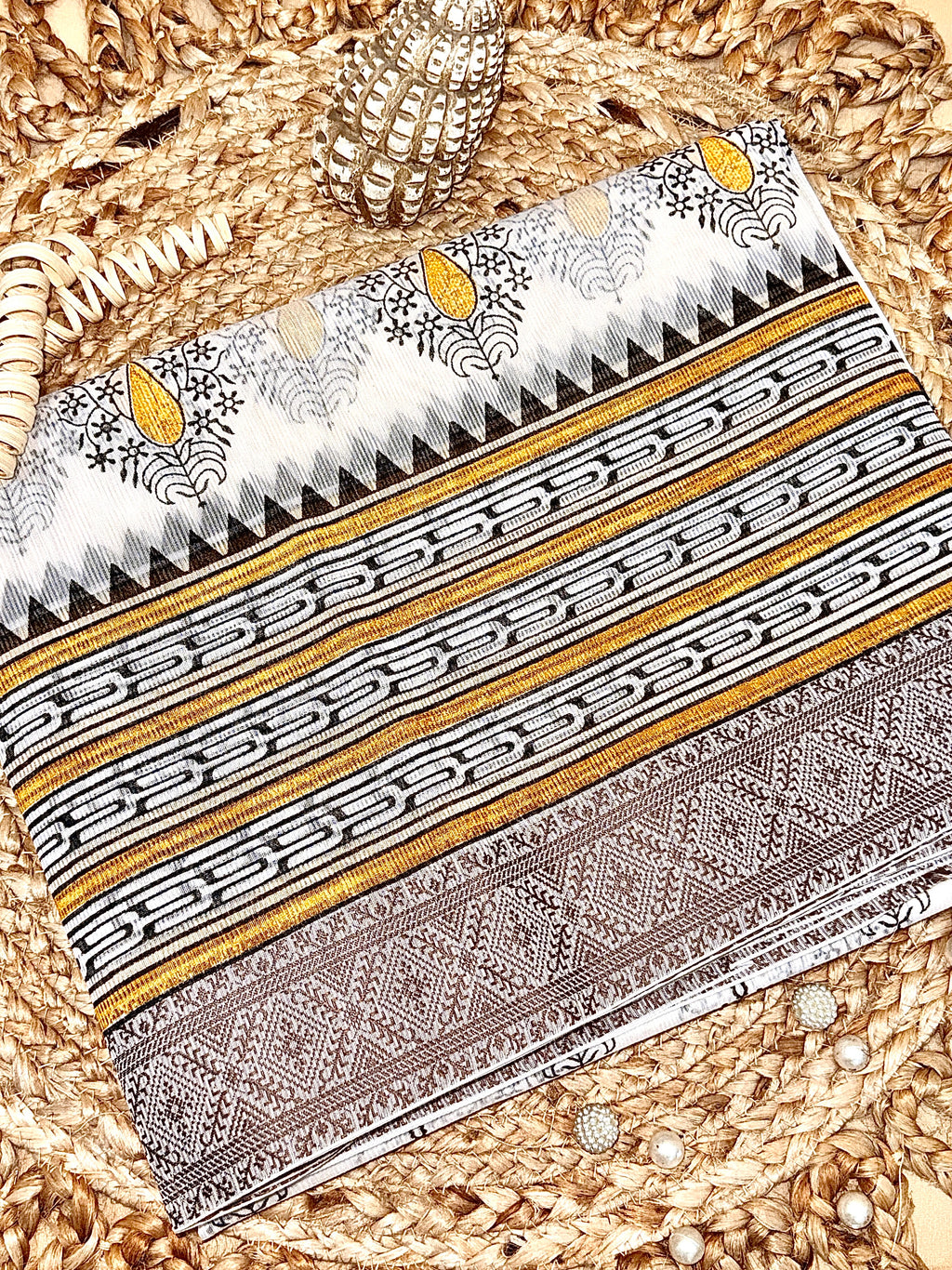 Off White Supernet Cotton Saree with Mustard Leaf Embroidery & Contrast Border