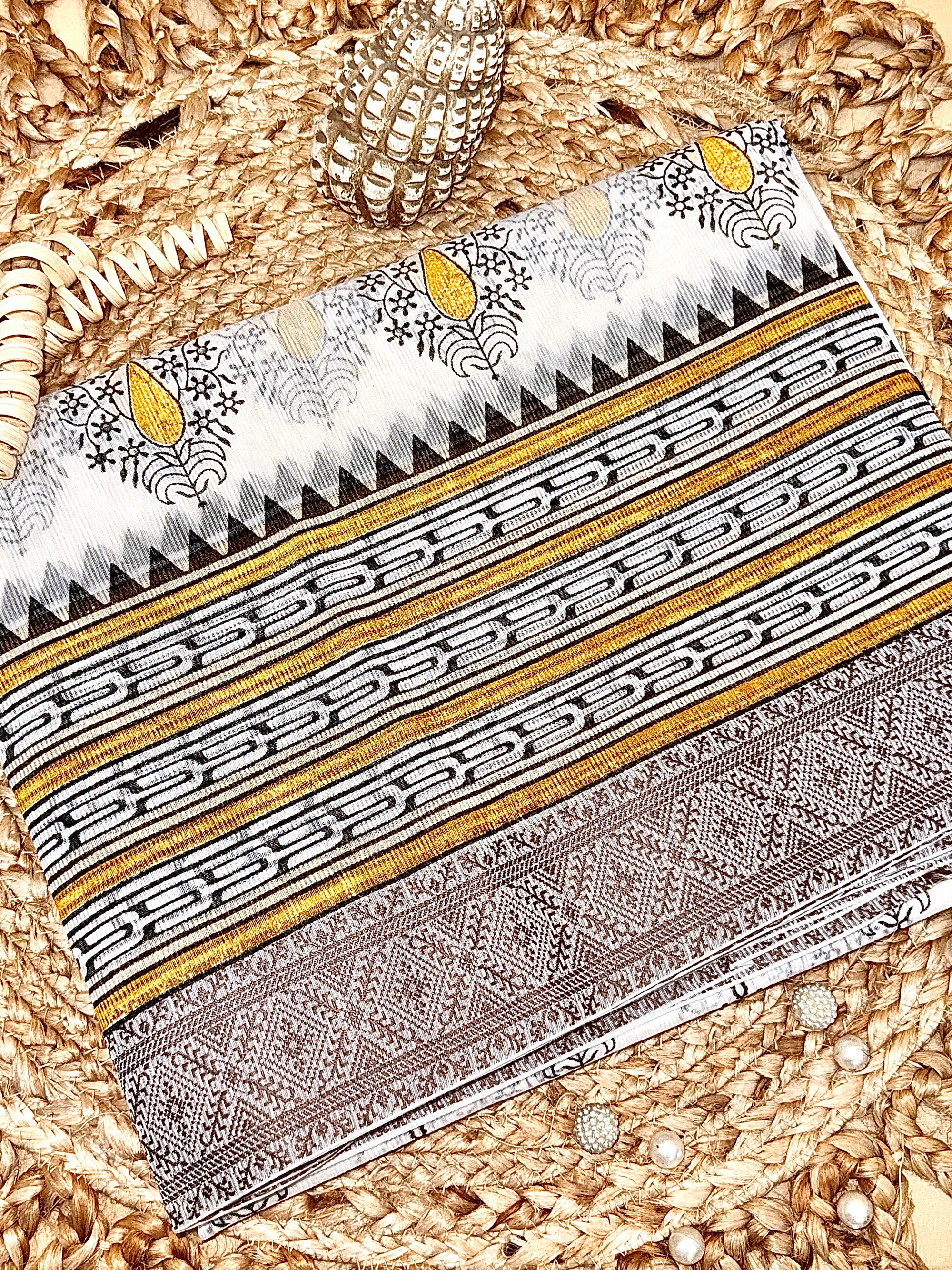 Off White Supernet Cotton Saree with Mustard Leaf Embroidery & Contrast Border