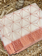 Off White Supernet Cotton Saree with Geometric Embroidery & Peach Border