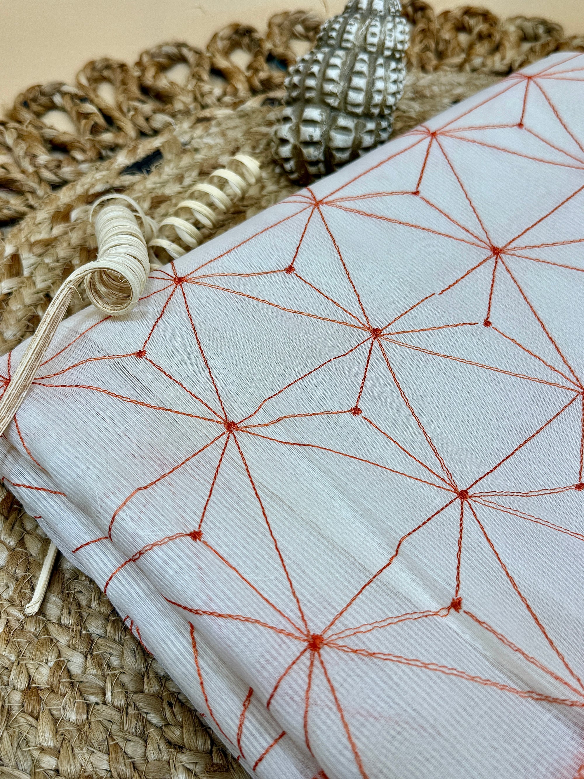 Off White Supernet Cotton Saree with Geometric Embroidery & Peach Border