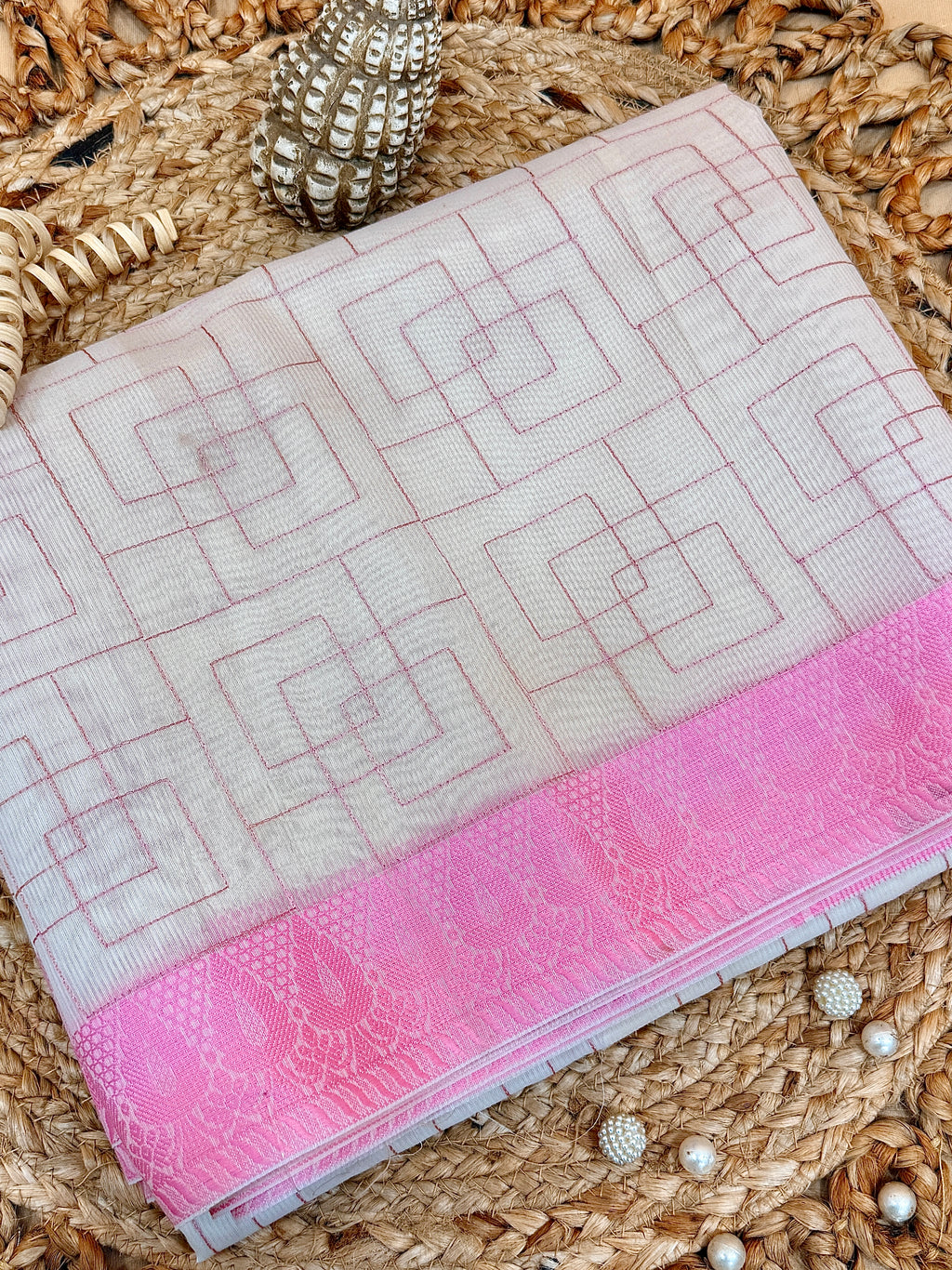 Off White Supernet Cotton Saree with Geometric Embroidery