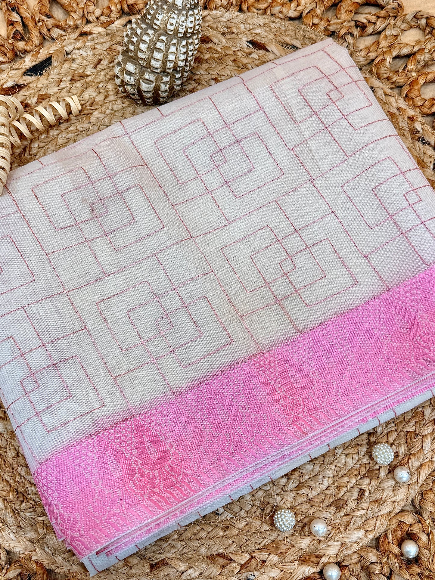 Off White Supernet Cotton Saree with Geometric Embroidery