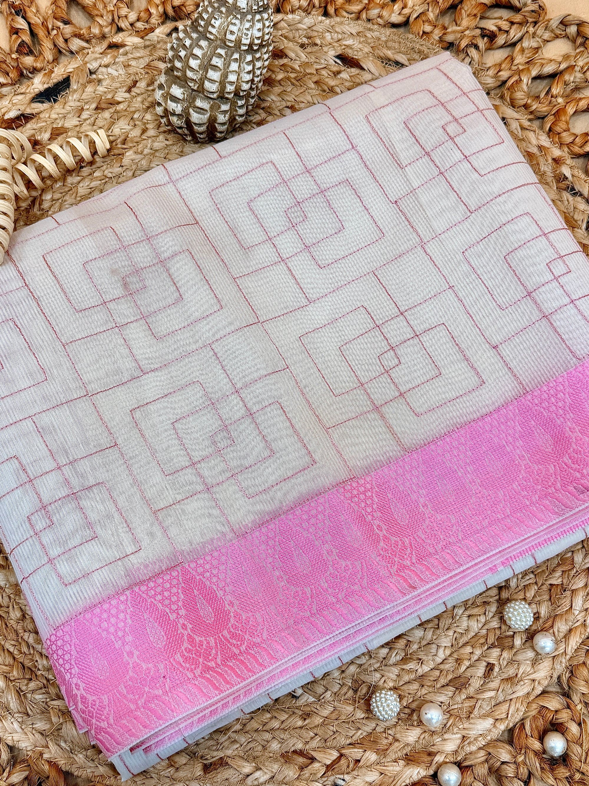 Off White Supernet Cotton Saree with Geometric Embroidery
