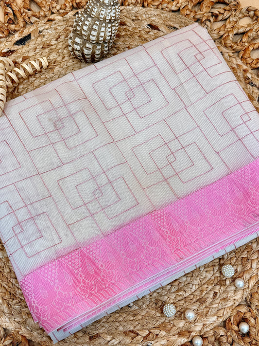 Off White Supernet Cotton Saree with Geometric Embroidery