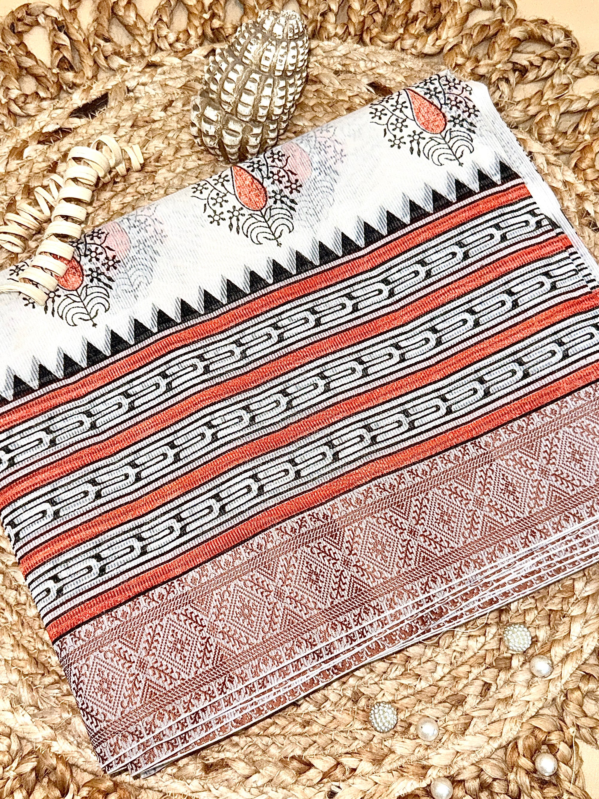 Off White Supernet Cotton Saree with Coral Leaf Embroidery & Contrast Border