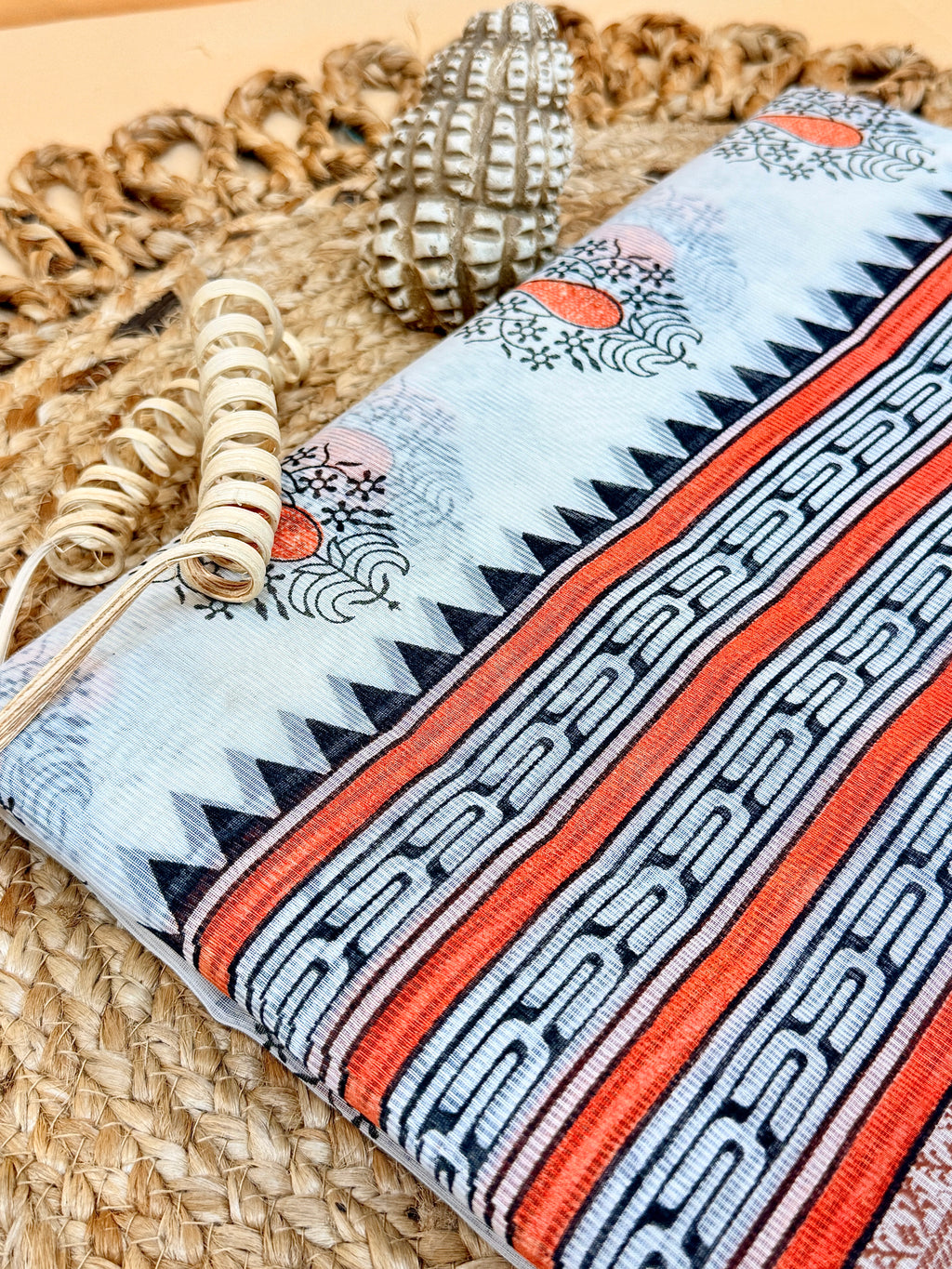 Off White Supernet Cotton Saree with Coral Leaf Embroidery & Contrast Border