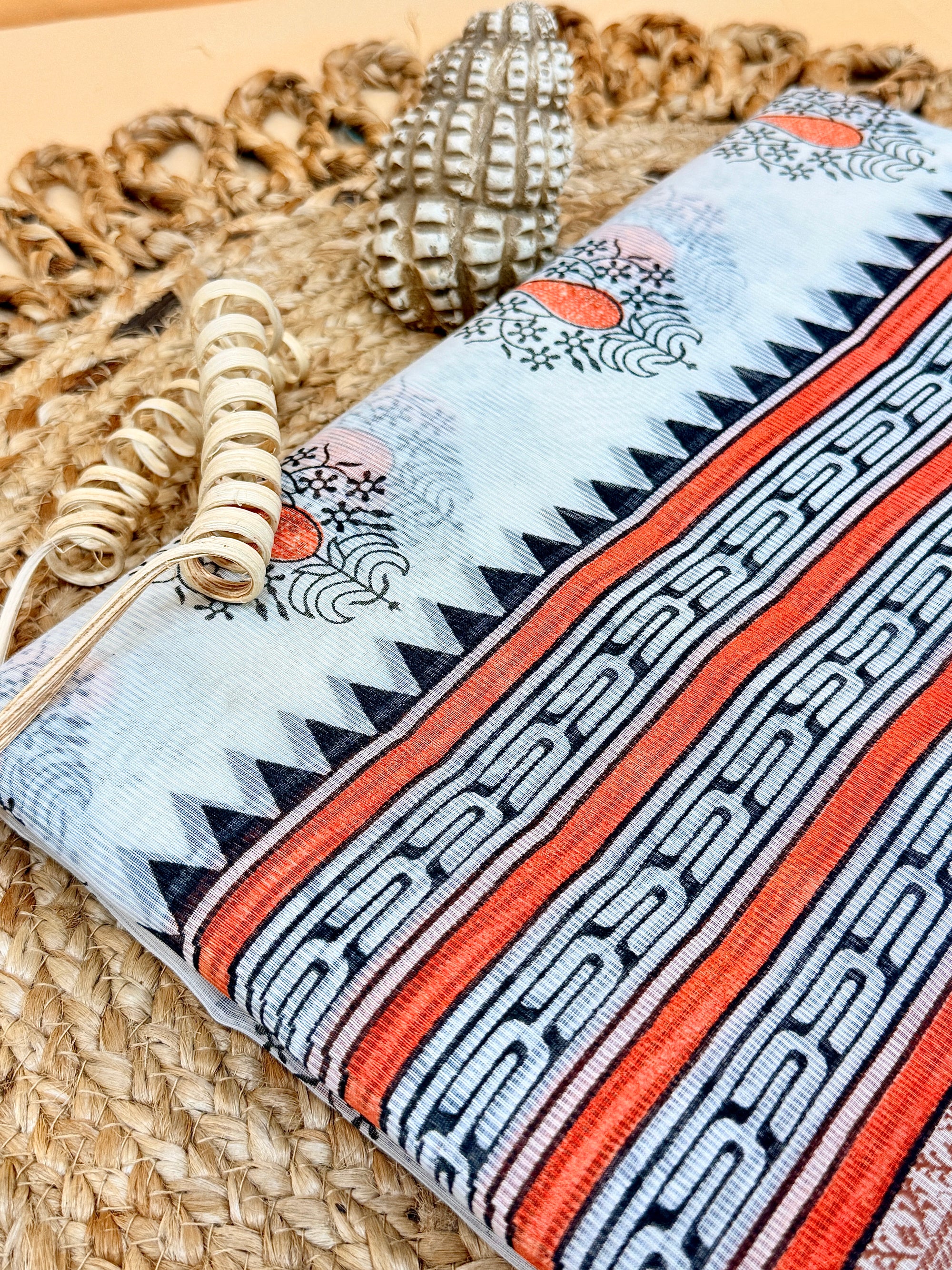 Off White Supernet Cotton Saree with Coral Leaf Embroidery & Contrast Border