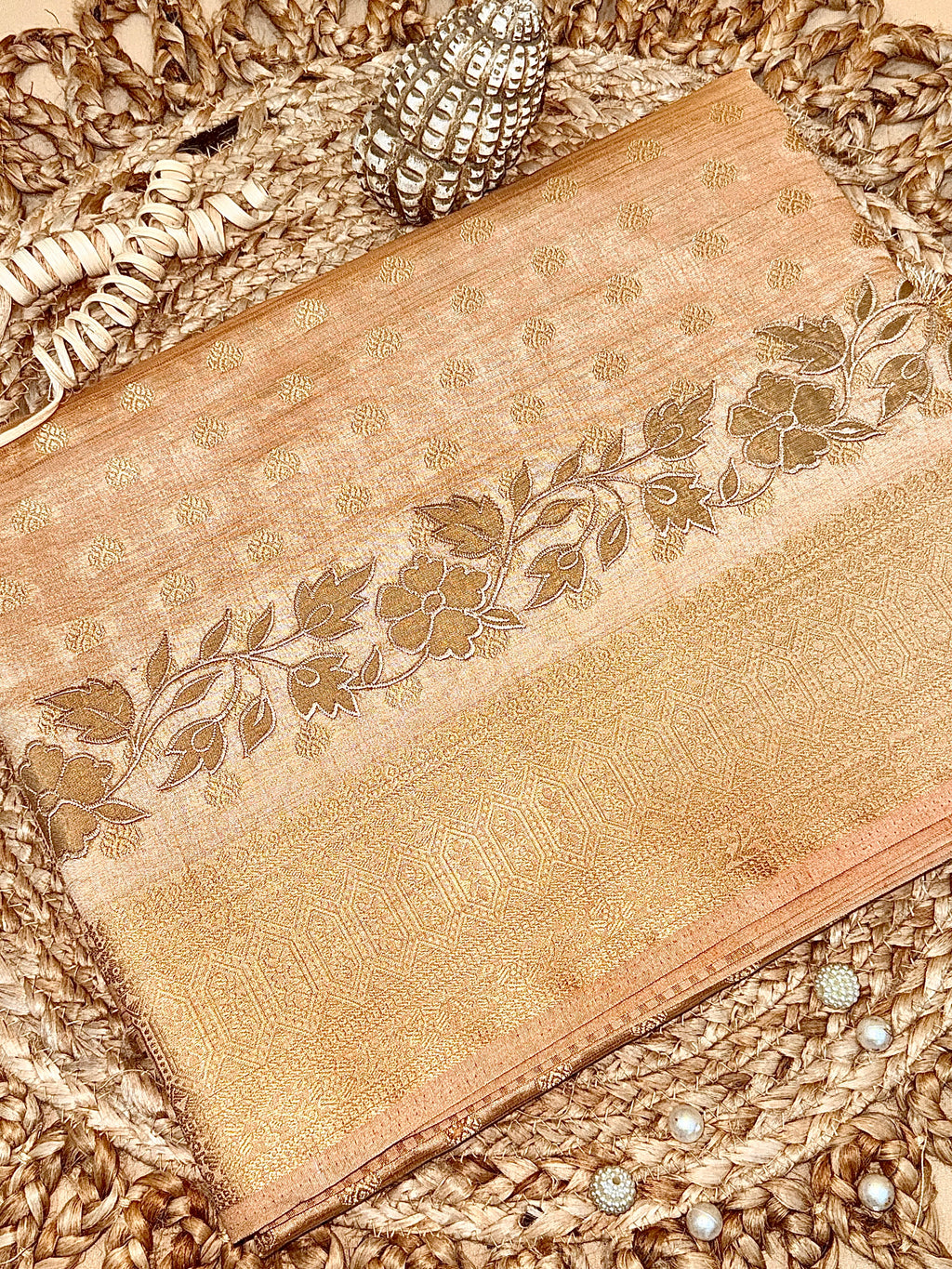 Peach Gold Semi Tussar Saree with Body Weaving & Appliqué Embroidery