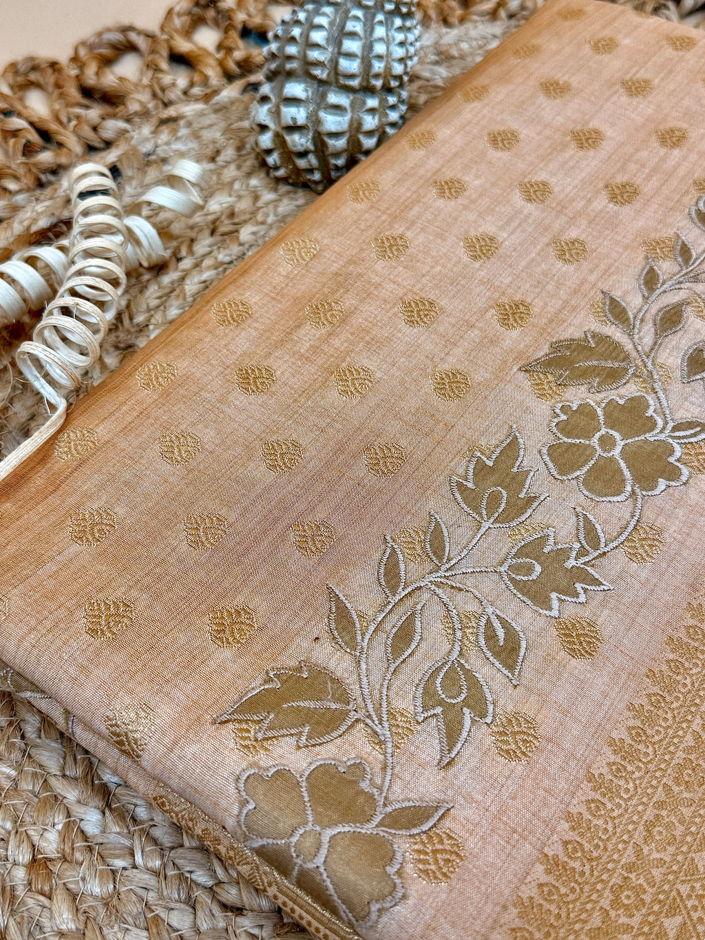 Peach Gold Semi Tussar Saree with Body Weaving & Appliqué Embroidery