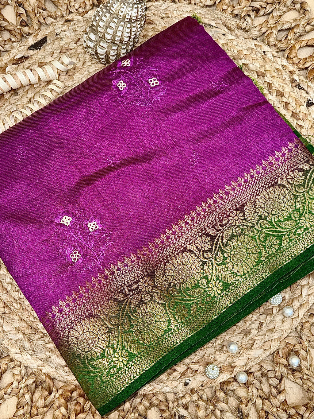 Rani Pink New Tussar Saree with Contrast Border & Embroidery