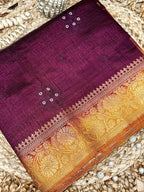 Wine Purple New Tussar Saree with Contrast Border & Embroidery