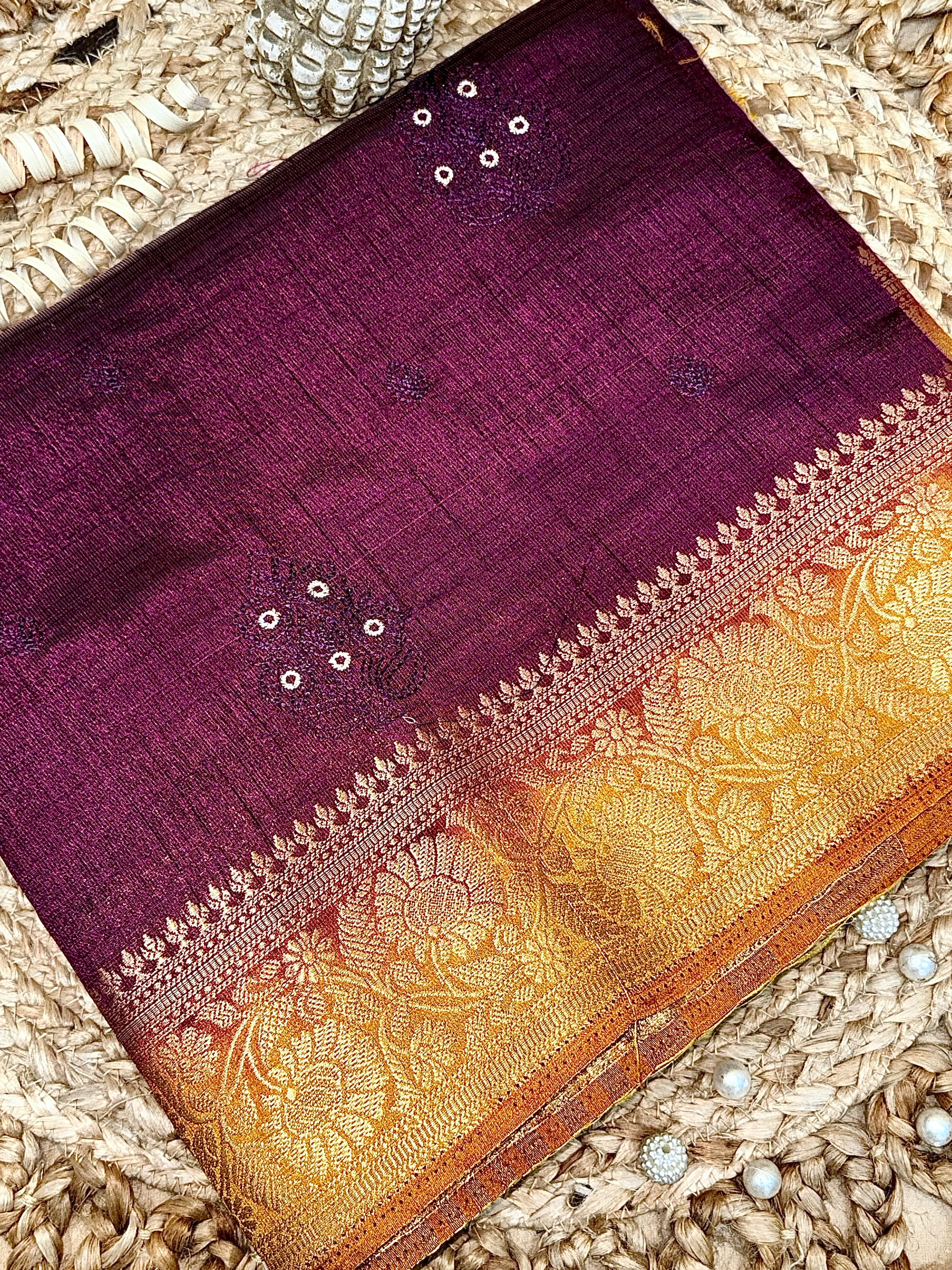 Wine Purple New Tussar Saree with Contrast Border & Embroidery