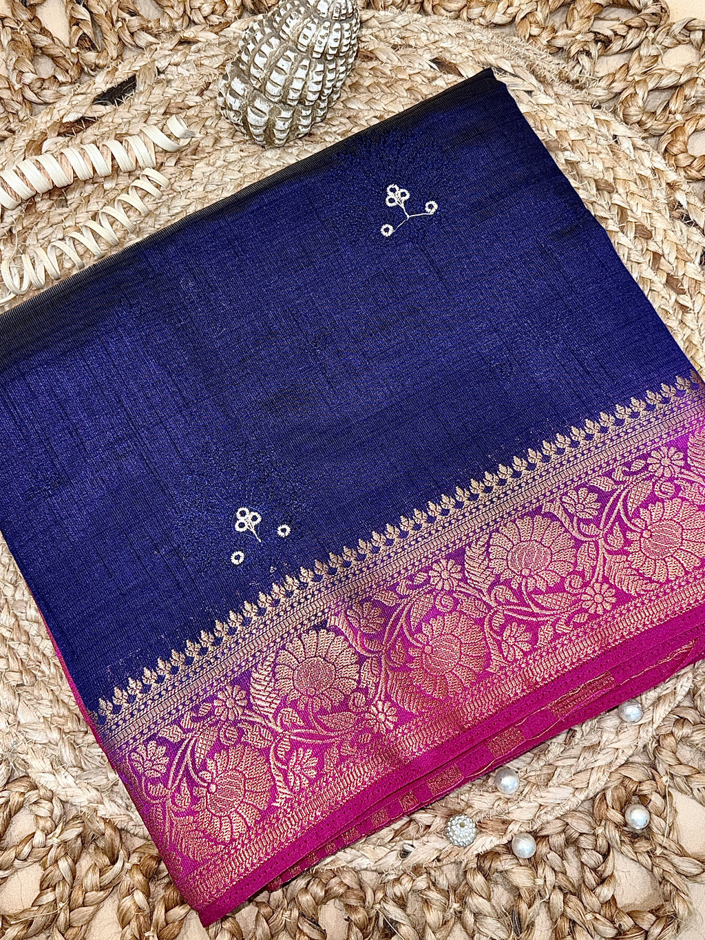 Navy Blue New Tussar Saree with Contrast Border & Embroidery