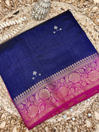 Navy Blue New Tussar Saree with Contrast Border & Embroidery