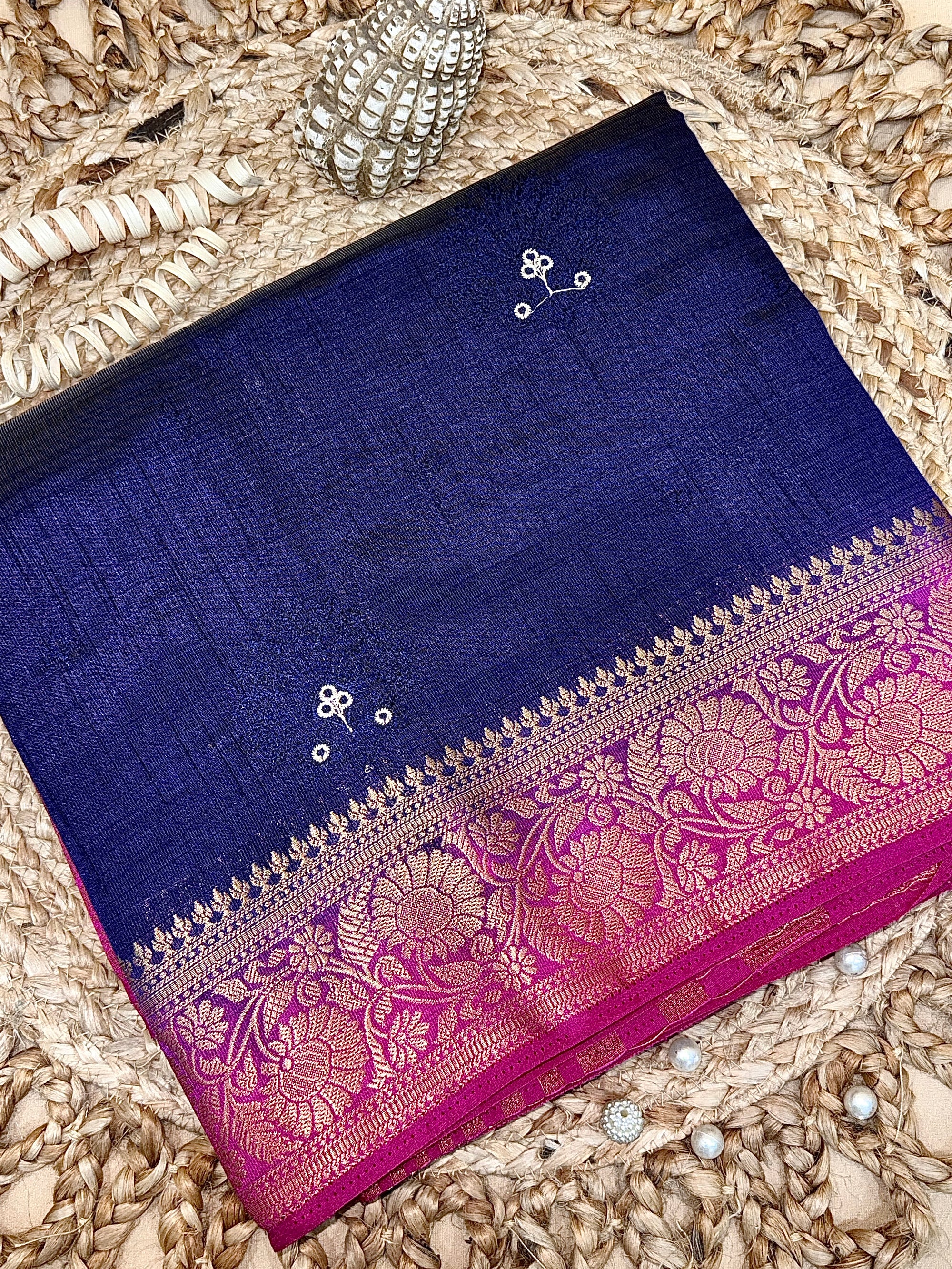 Navy Blue New Tussar Saree with Contrast Border & Embroidery