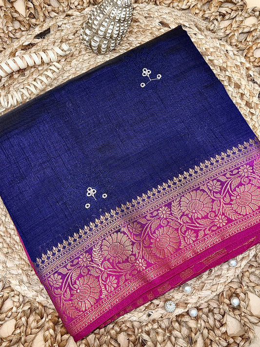Navy Blue New Tussar Saree with Contrast Border & Embroidery