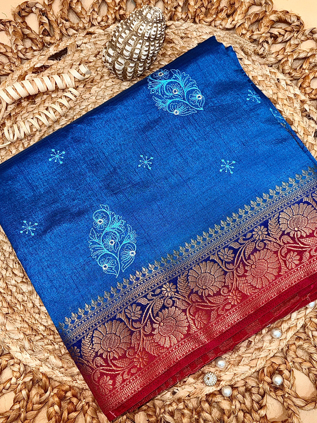 Royal Blue New Tussar Saree with Contrast Border & Embroidery