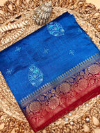 Royal Blue New Tussar Saree with Contrast Border & Embroidery