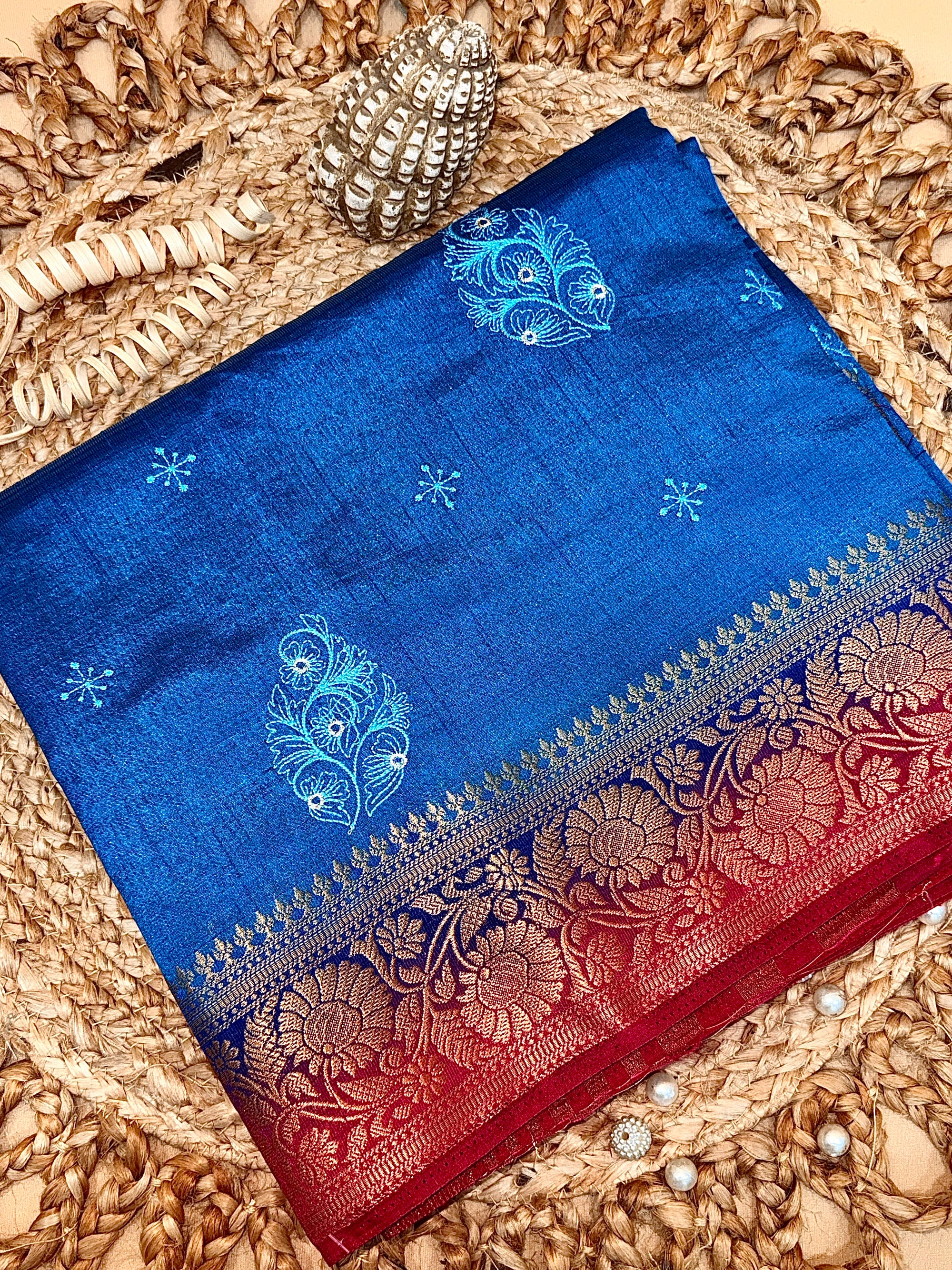 Royal Blue New Tussar Saree with Contrast Border & Embroidery