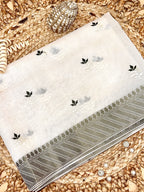 Off White Supernet Cotton Saree with Leaf Buti & Grey Woven Border