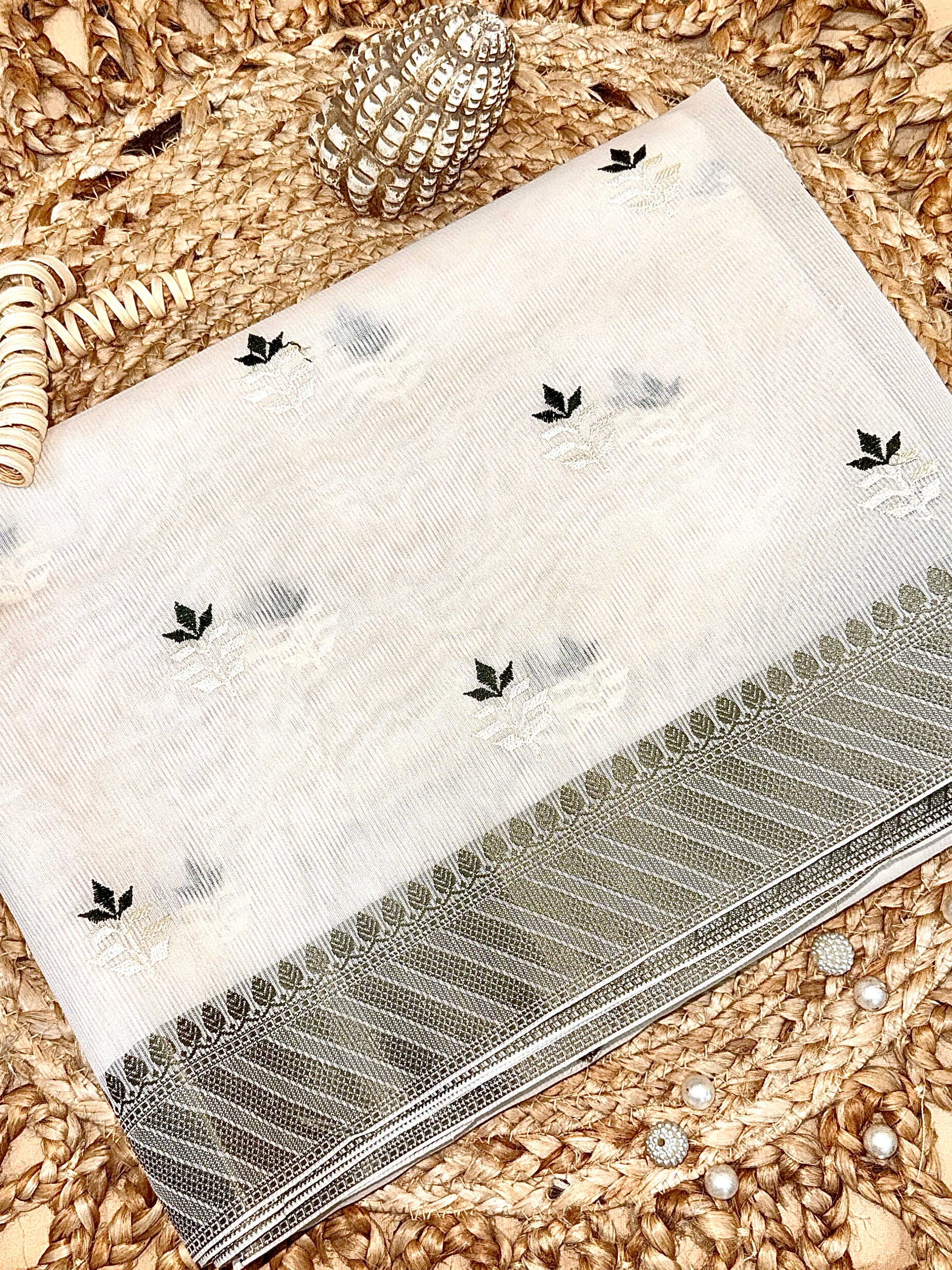 Off White Supernet Cotton Saree with Leaf Buti & Grey Woven Border