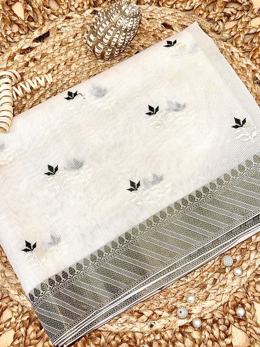 Off White Supernet Cotton Saree with Leaf Buti & Grey Woven Border