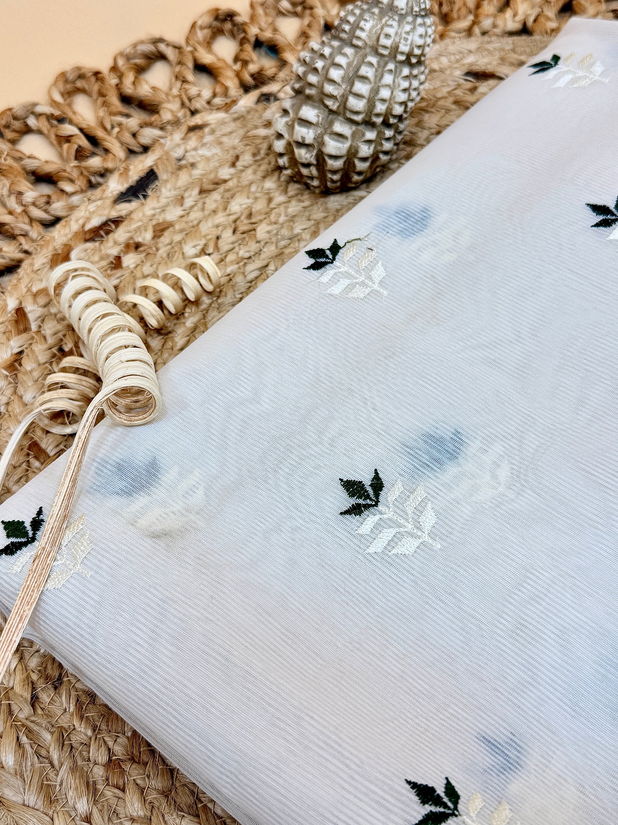 Off White Supernet Cotton Saree with Leaf Buti & Grey Woven Border