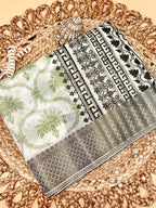 Off White Supernet Cotton Saree with Olive Floral Design & Contrast Border