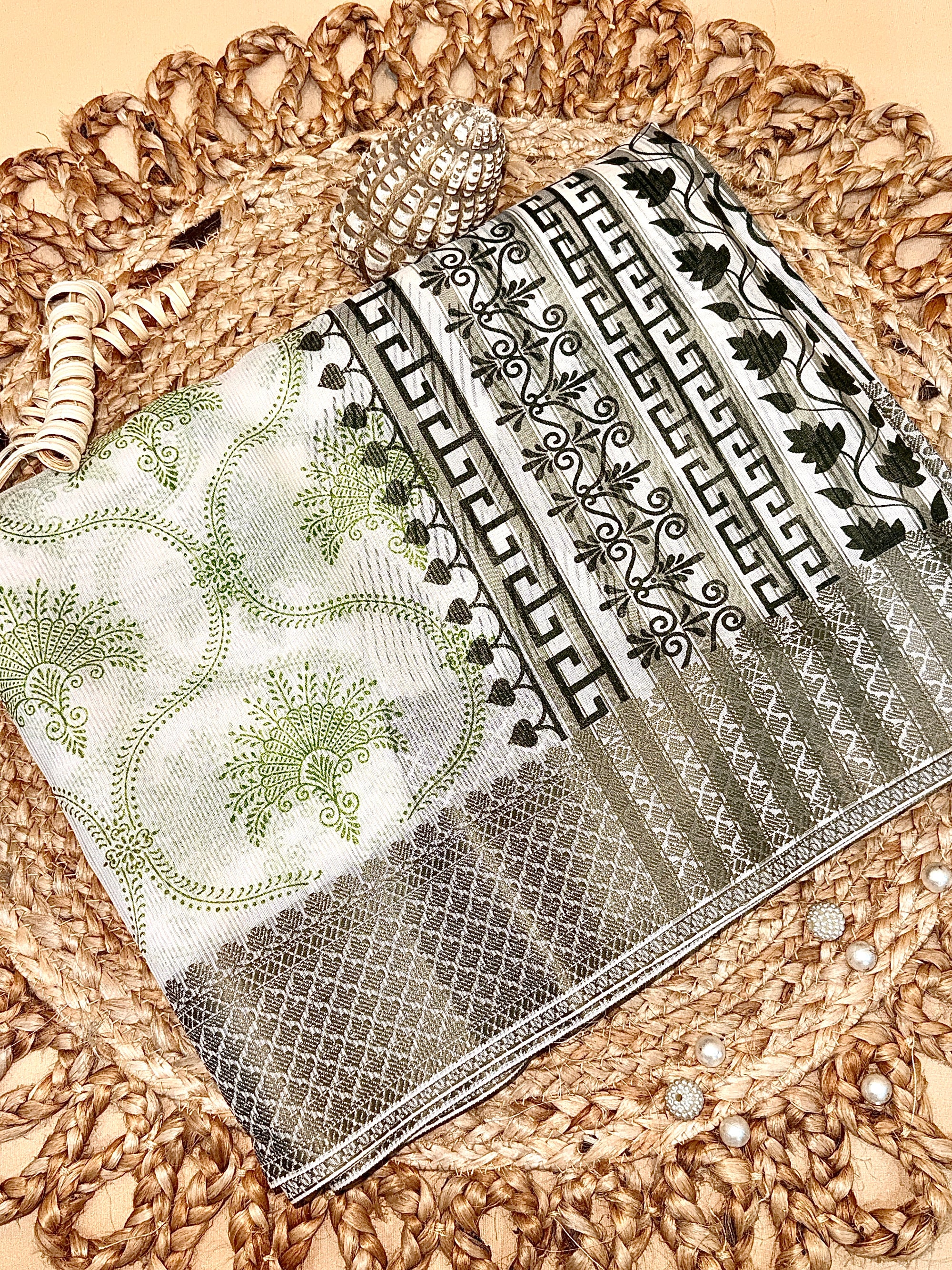 Off White Supernet Cotton Saree with Olive Floral Design & Contrast Border