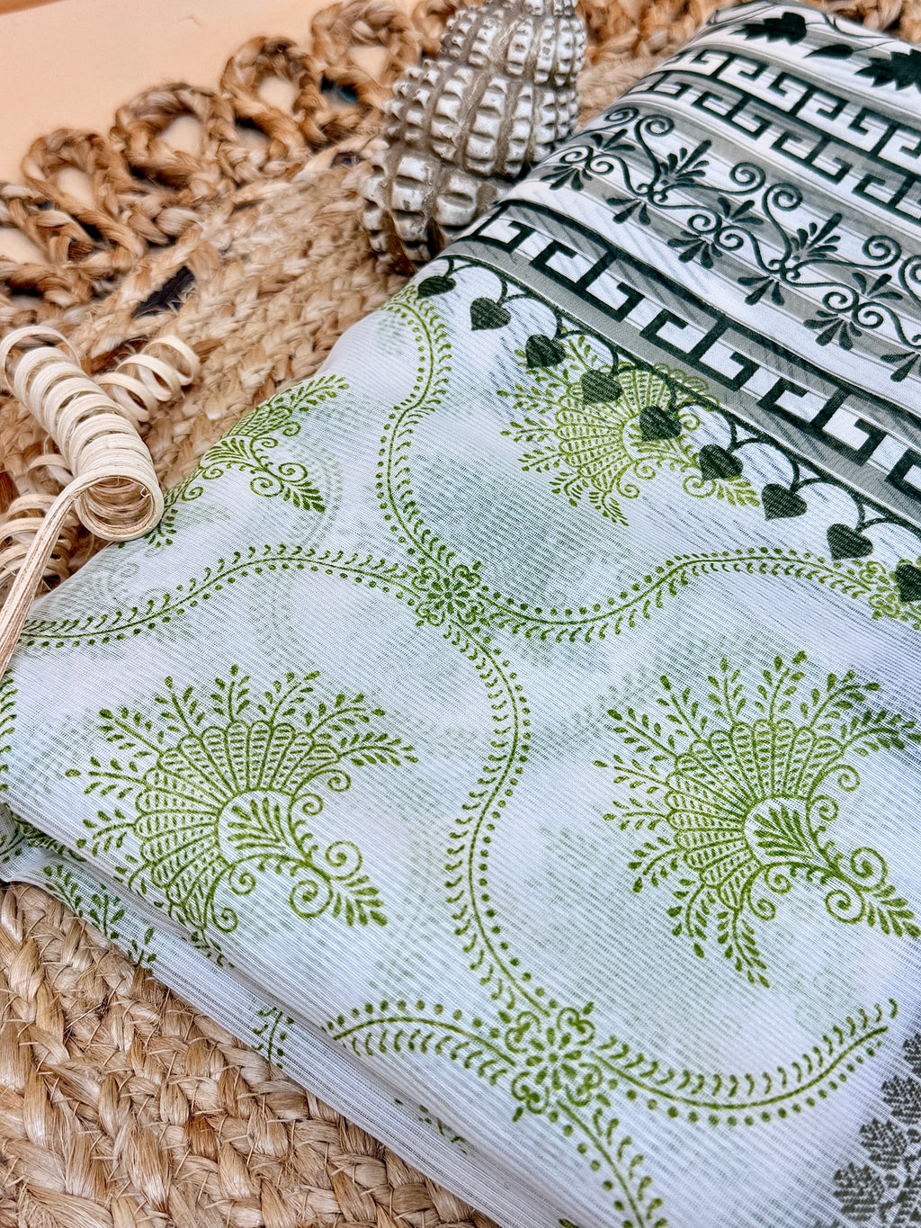 Off White Supernet Cotton Saree with Olive Floral Design & Contrast Border