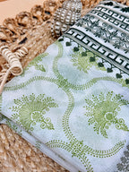 Off White Supernet Cotton Saree with Olive Floral Design & Contrast Border