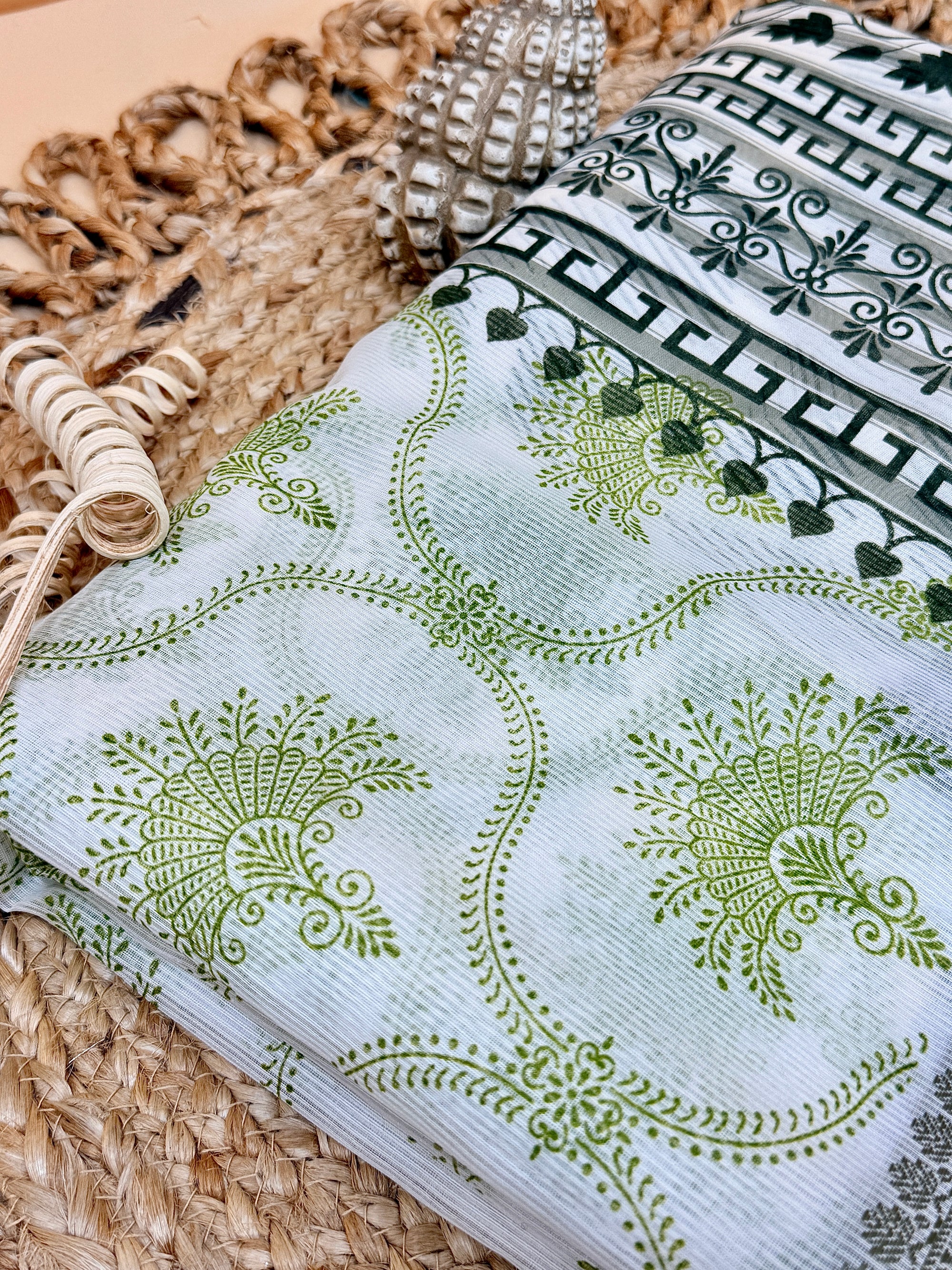 Off White Supernet Cotton Saree with Olive Floral Design & Contrast Border