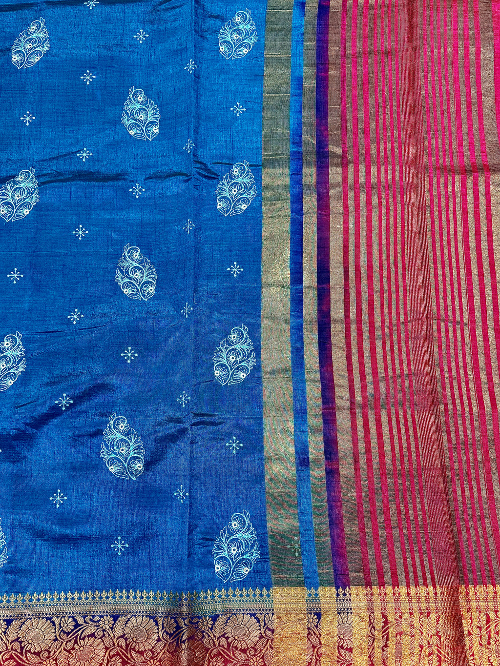 Royal Blue New Tussar Saree with Contrast Border & Embroidery