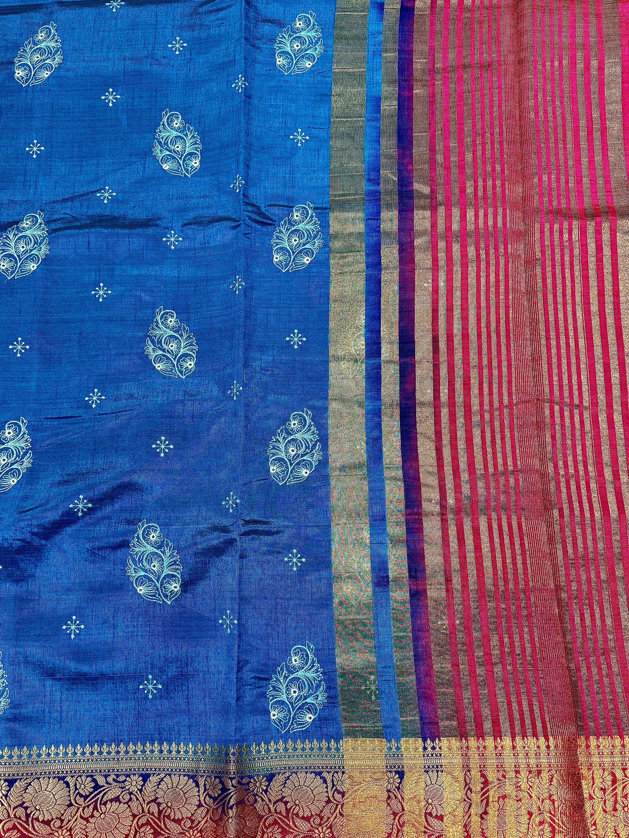 Royal Blue New Tussar Saree with Contrast Border & Embroidery