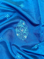 Royal Blue New Tussar Saree with Contrast Border & Embroidery