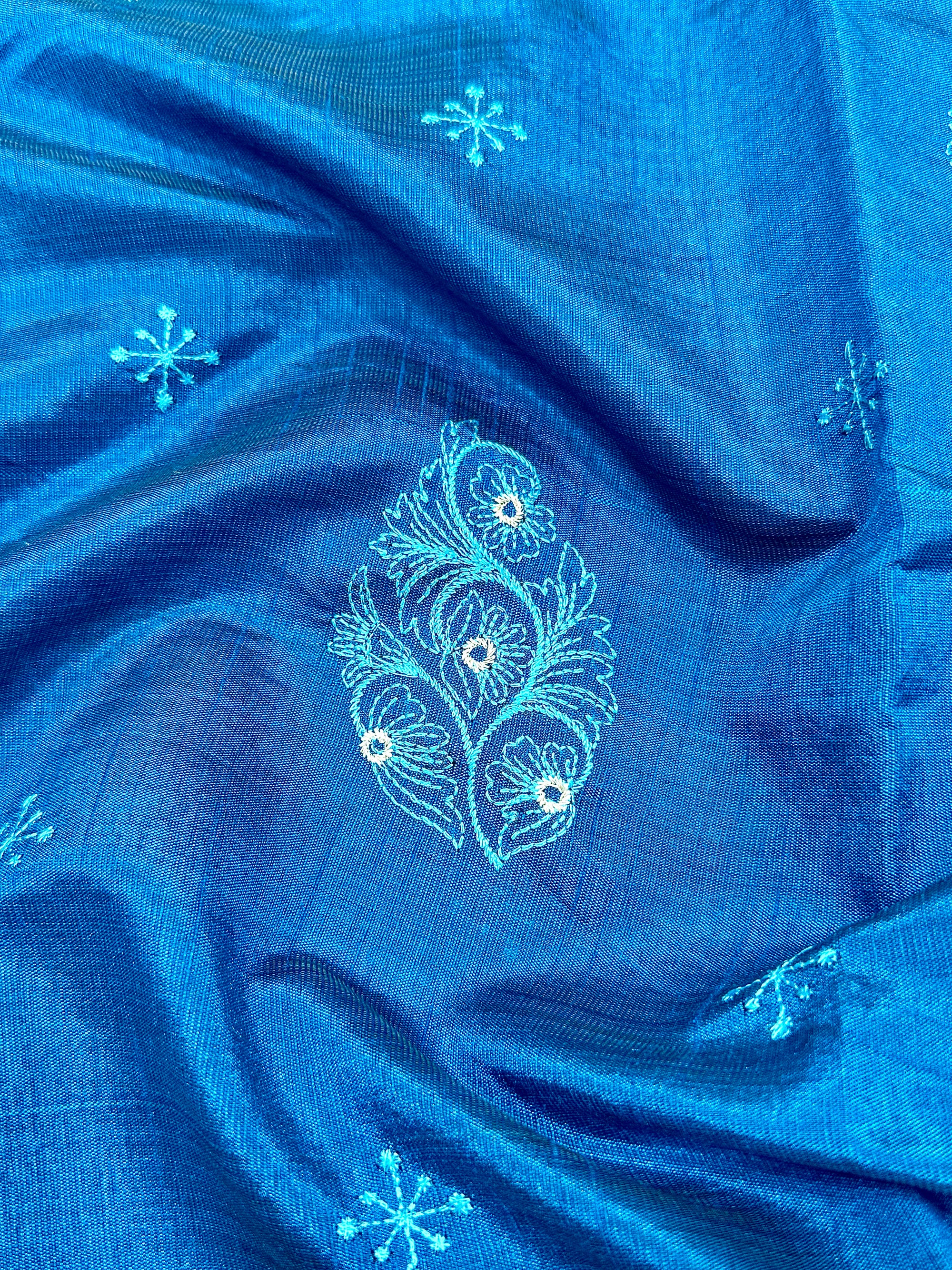 Royal Blue New Tussar Saree with Contrast Border & Embroidery