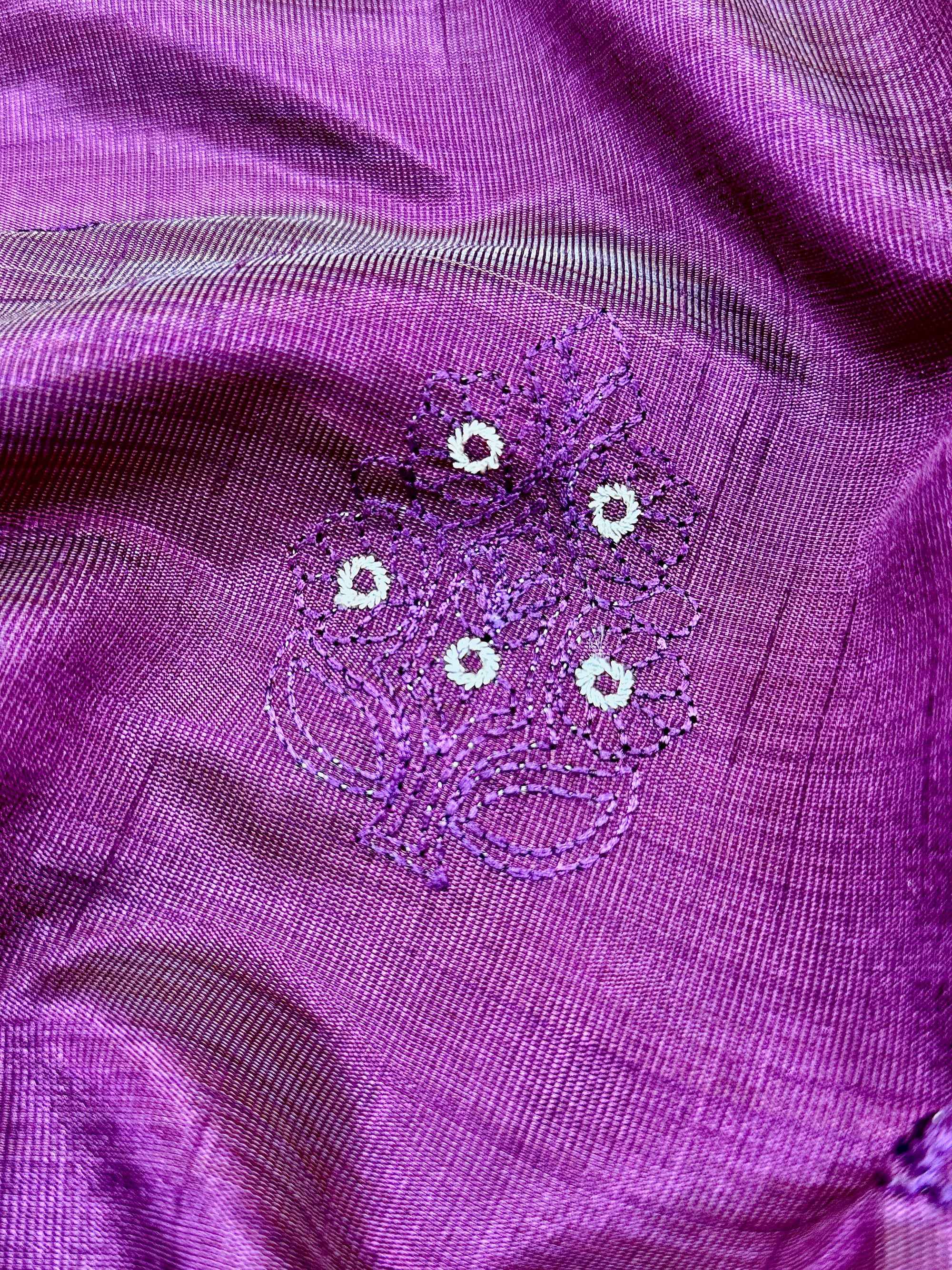 Wine Purple New Tussar Saree with Contrast Border & Embroidery