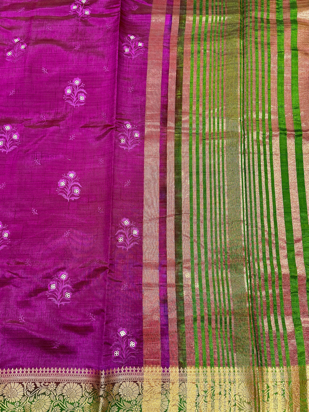 Rani Pink New Tussar Saree with Contrast Border & Embroidery
