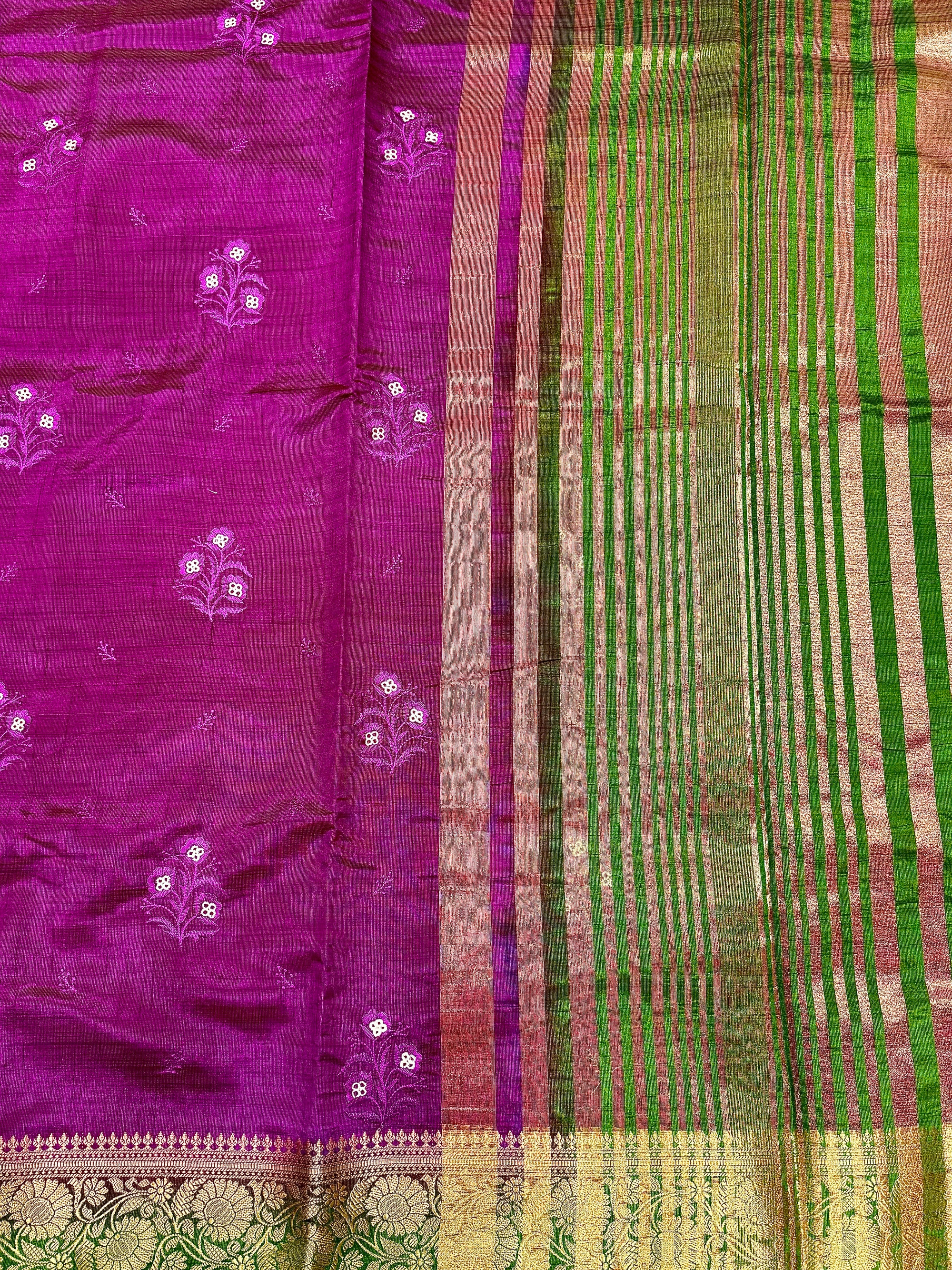 Rani Pink New Tussar Saree with Contrast Border & Embroidery