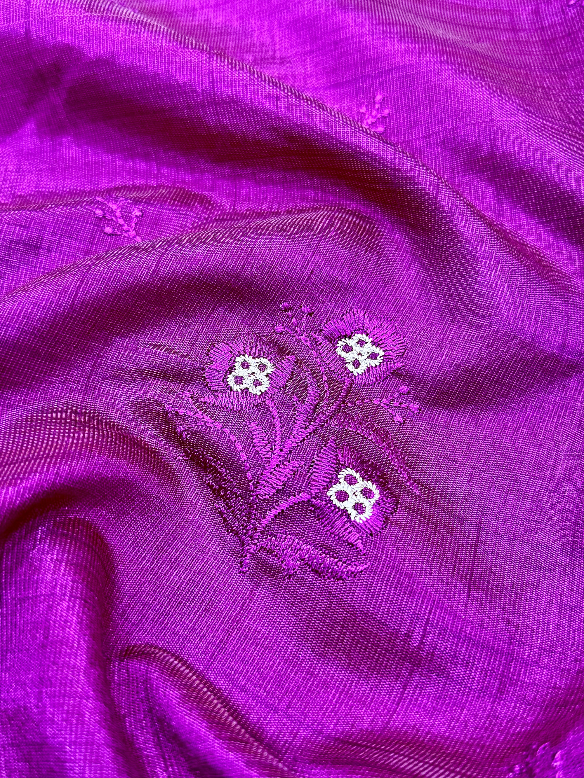 Rani Pink New Tussar Saree with Contrast Border & Embroidery