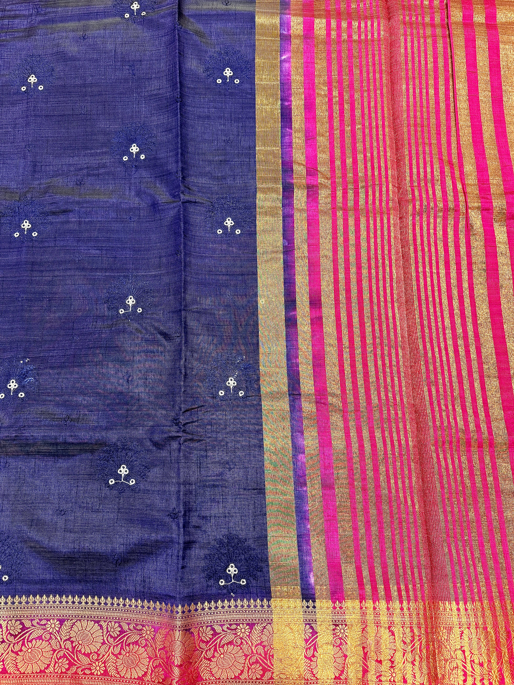 Navy Blue New Tussar Saree with Contrast Border & Embroidery