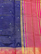 Navy Blue New Tussar Saree with Contrast Border & Embroidery
