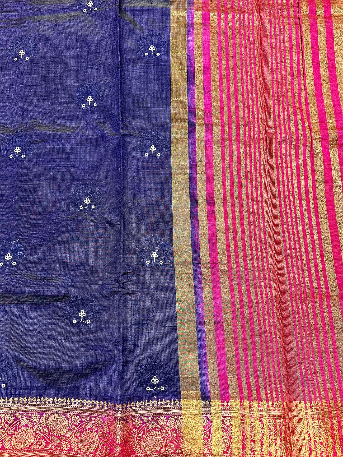 Navy Blue New Tussar Saree with Contrast Border & Embroidery