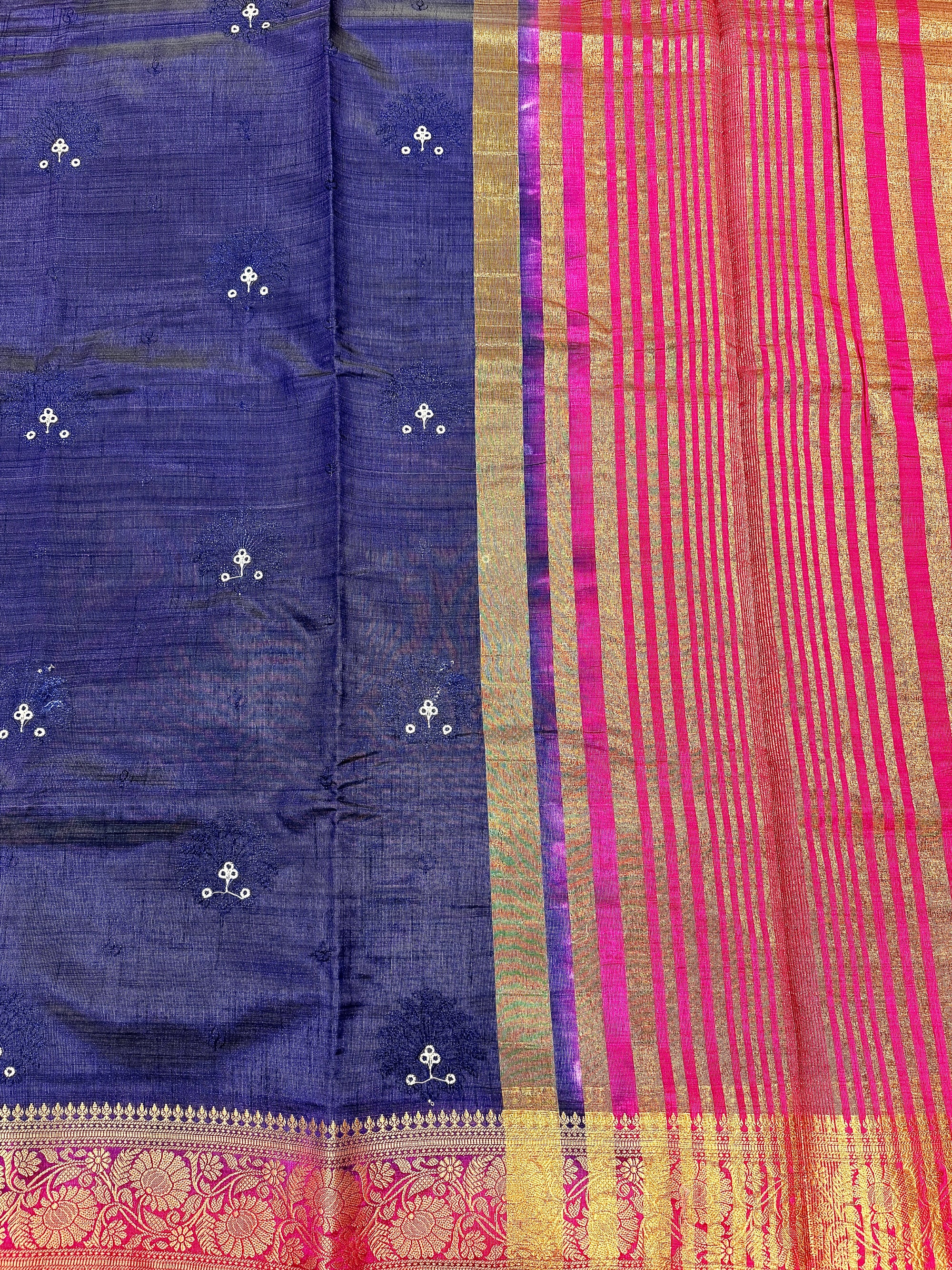 Navy Blue New Tussar Saree with Contrast Border & Embroidery